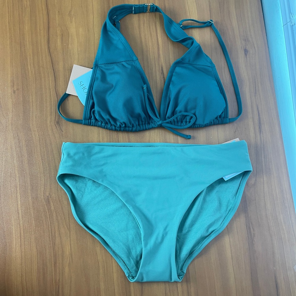 Shade & Shore 2-piece Women Teal Ribbed Halter Top Full Cover Bottom Green M